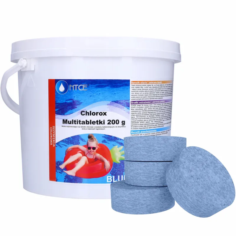 Multitabletki chlorowe z niebieskim kolorantem do dezynfekcji wody basenowej NTCE Chlorox Blue 200 g - opak. 3 kg