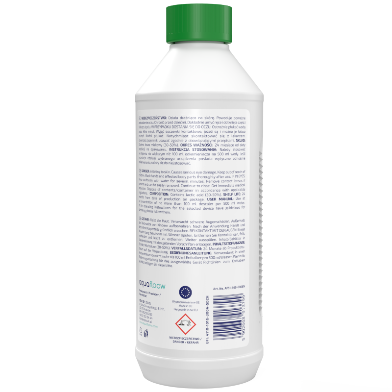 Naturalny środek do usuwania kamienia, odkamieniacz AquaFloow Descaler Green do ekspresu, czajnika 500 ml