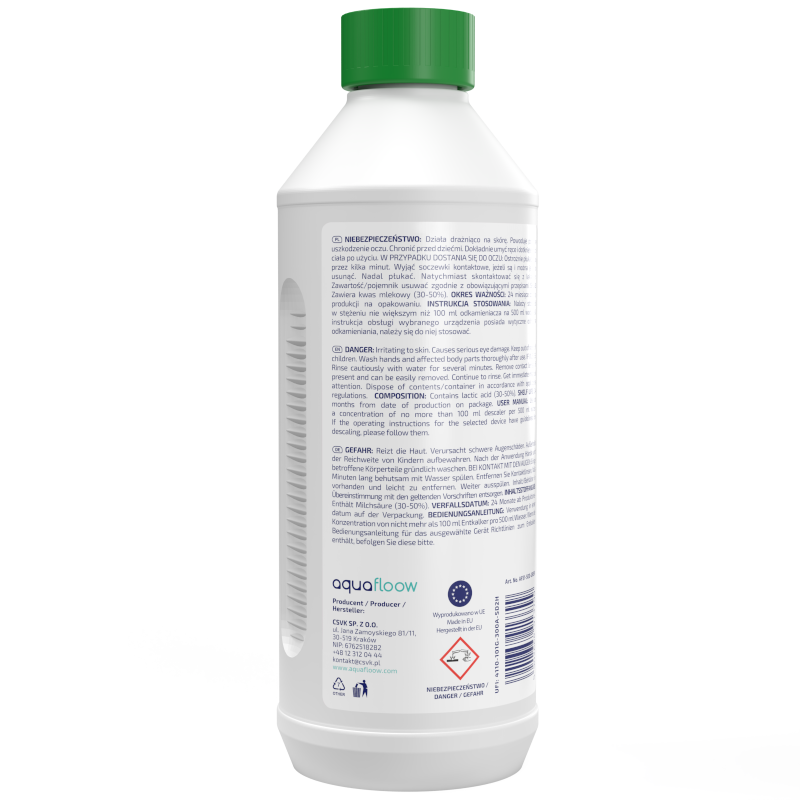 Naturalny środek do usuwania kamienia, odkamieniacz AquaFloow Descaler Green do ekspresu, czajnika 500 ml