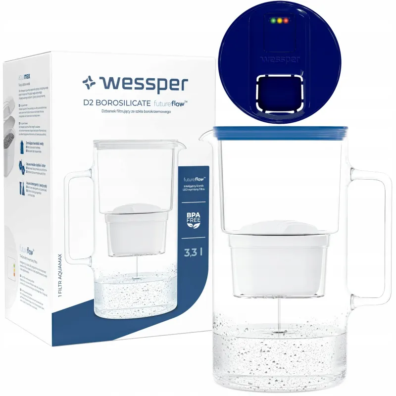 Dzbanek filtrujący szklany Wessper D2 Borosilicate FutureFlow 3 l niebieski z filtrem Aquamax Standard