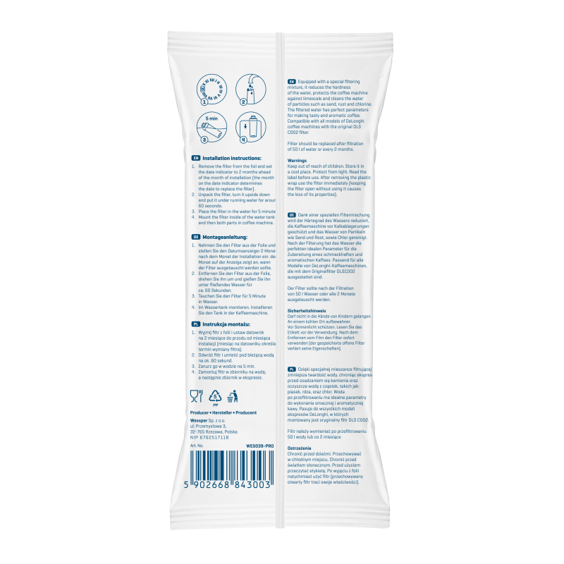 Filtr wody Wessper Aqualunga Pro kompatybilny z ekspresami DeLonghi Filtr wody Wessper Aqualunga Pro kompatybilny z ekspresami DeLonghi