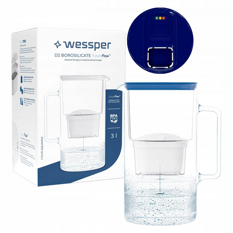 Dzbanek filtrujący szklany Wessper D2 Borosilicate FutureFlow 3 l niebieski z filtrem Aquamax Standard