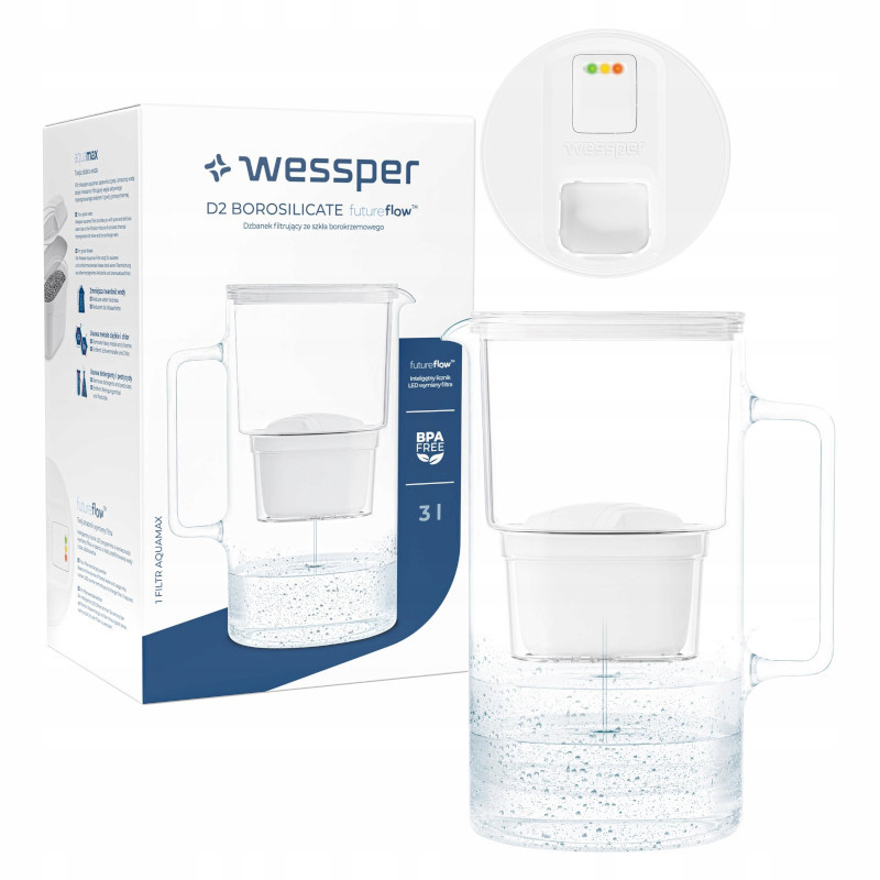 Dzbanek filtrujący szklany Wessper D2 Borosilicate FutureFlow 3 l biały z filtrem Aquamax Standard