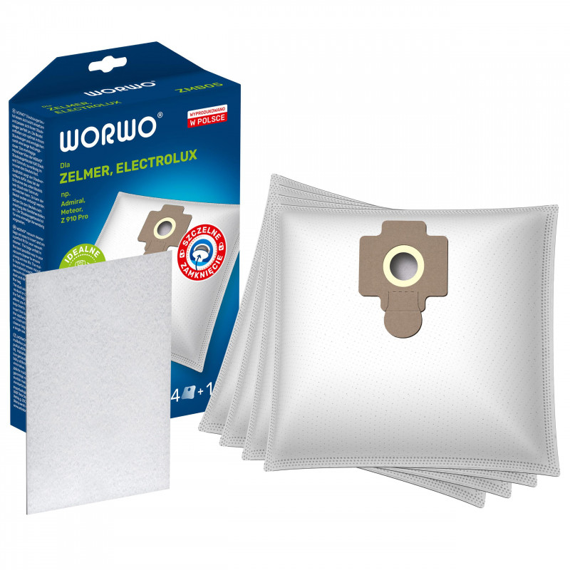 Worki syntetyczne Worwo dla Zelmer, Electrolux - 4 szt. + filtr wlotowy Worki syntetyczne Worwo dla Zelmer, Electrolux - 4 szt. + filtr wlotowy