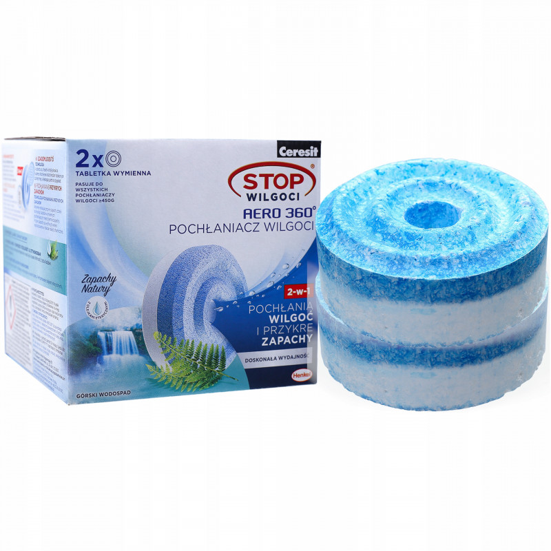 Tabletki do pochłaniacza wilgoci Ceresit Aero 360 górski wodospad - 2x450 g Tabletki do pochłaniacza wilgoci Ceresit Aero 360 górski wodospad - 2x450 g