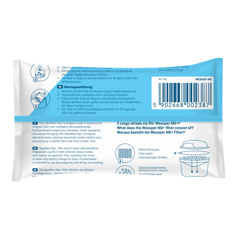 Wkłady filtrujące Wessper Aquamax Mg+ do dzbanka, magnezowy - 5 sztuk Wkłady filtrujące Wessper Aquamax Mg+ do dzbanka, magnezowy - 5 sztuk