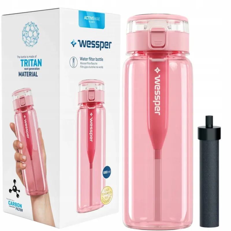 Butelka filtrująca Wessper ActiveMax Clarti różowa 680 ml w zestawie z 2 filtrami