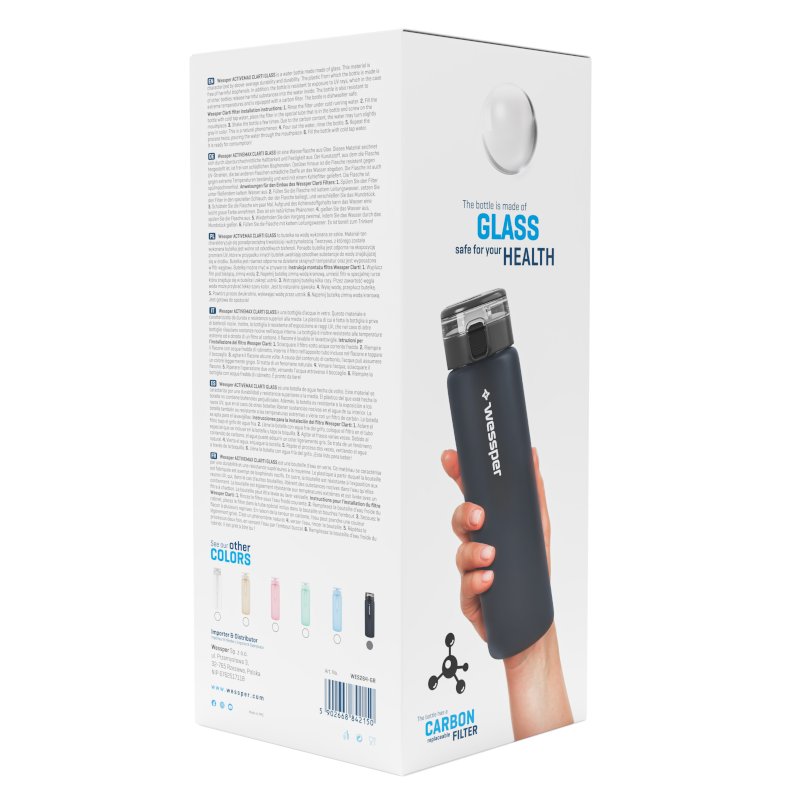 Szklana butelka filtrująca Wessper ActiveMax Clarti Glass 680 ml szara w zestawie z 2 filtrami