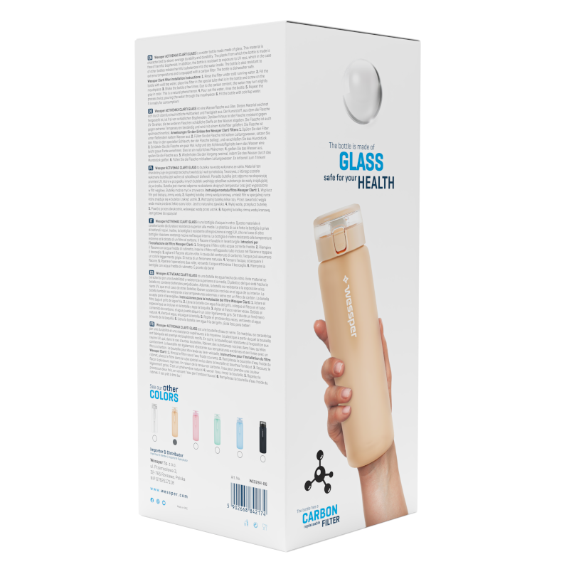 Butelka filtrująca szklana Wessper ActiveMax Clarti Glass beżowa 680 ml w zestawie z 2 filtrami