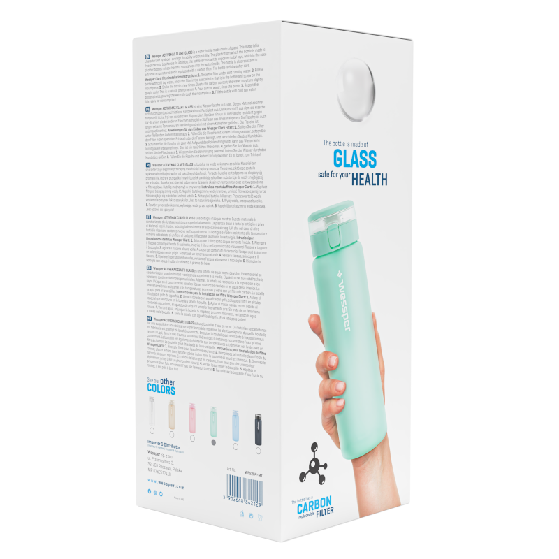 Butelka filtrująca szklana Wessper ActiveMax Clarti Glass miętowa 680 ml w zestawie z 2 filtrami