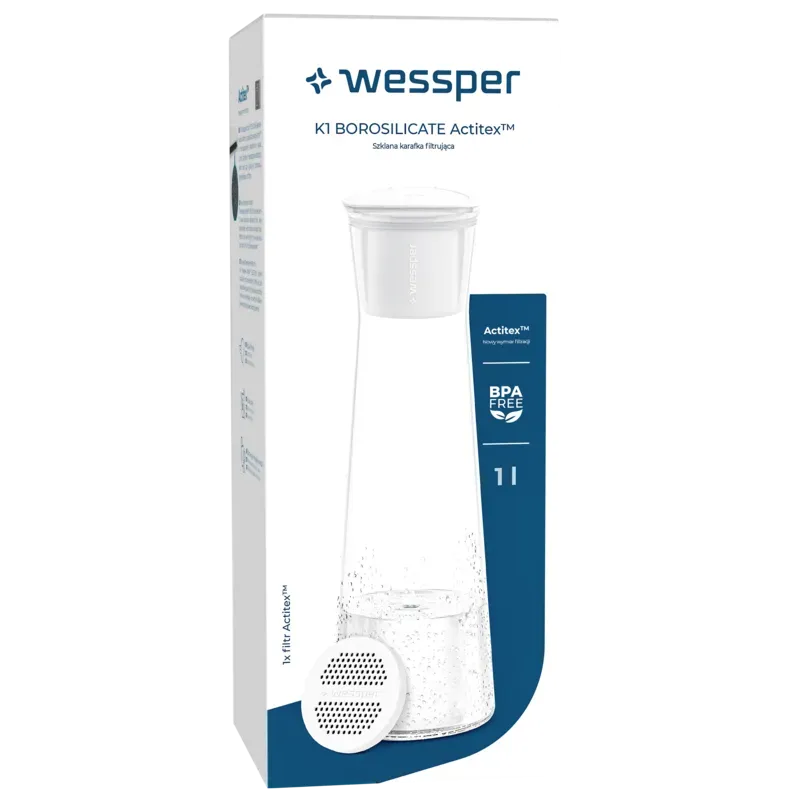 Karafka filtrująca Wessper K1 BOROSILICATE w zestawie z 4 dodatkowymi filtrami Actitex Disc