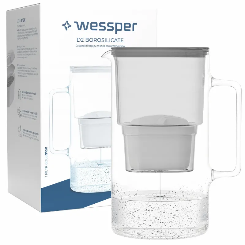 Dzbanek filtrujący szklany Wessper D2 Borosilicate 3 l szary w zestawie z dodatkowym filtrem Wessper Aquamax