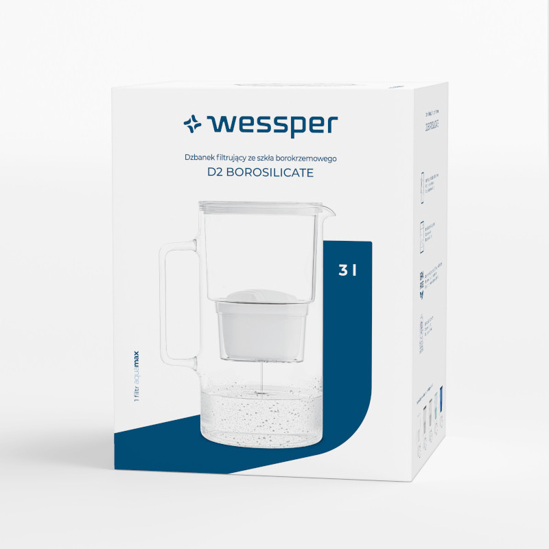 Dzbanek filtrujący szklany Wessper D2 Borosilicate 3 l biały w zestawie z dodatkowym filtrem Wessper Aquamax Dzbanek filtrujący szklany Wessper D2 Borosilicate 3 l biały w zestawie z dodatkowym filtrem Wessper Aquamax