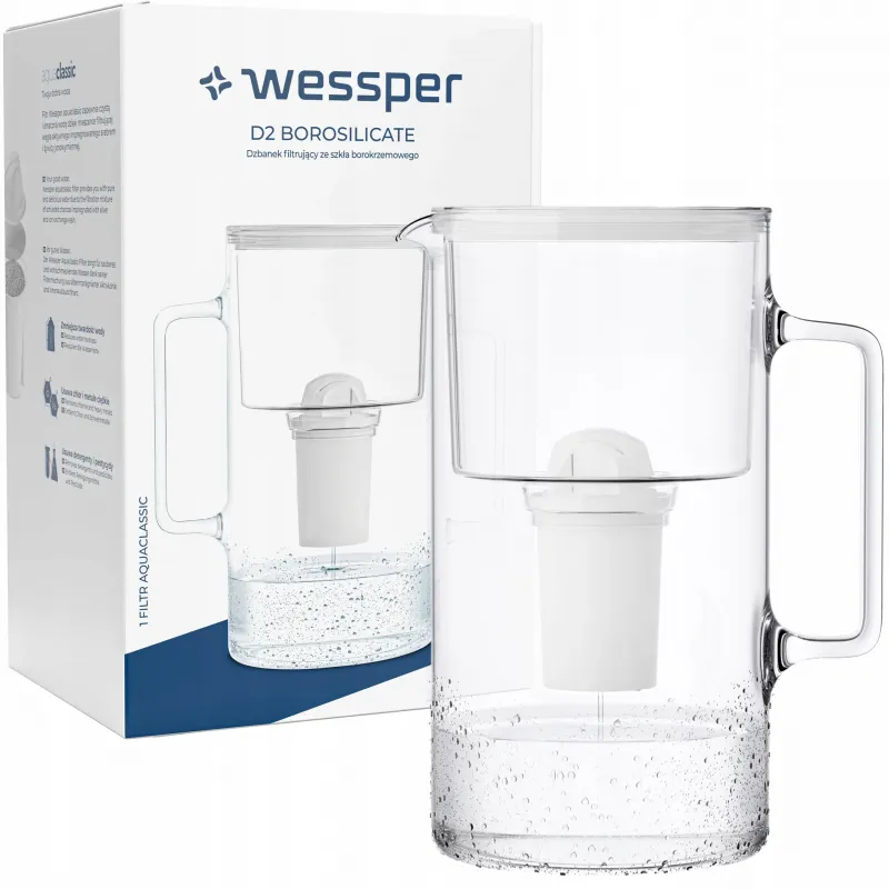 Dzbanek filtrujący szklany Wessper D2 Borosilicate Aquaclassic 3 l biały w zestawie z 2 filtrami Aquaclassic