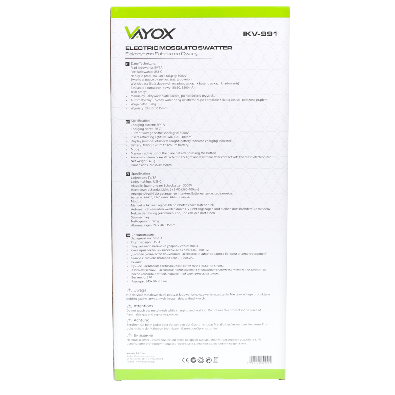 Elektryczna łapka na owady i lampa UV Vayox IKV991 2w1 Elektryczna łapka na owady i lampa UV Vayox IKV991 2w1