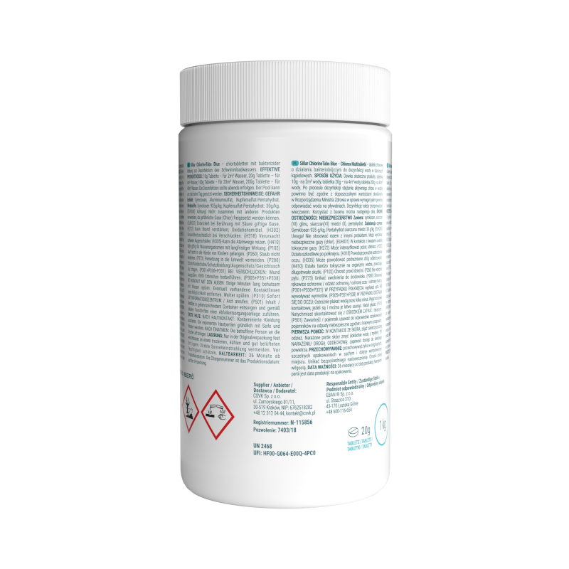 Zestaw Sillar: tabletki chlorowe (niebieskie) 1 kg + dozownik basenowy 20 g Zestaw Sillar: tabletki chlorowe (niebieskie) 1 kg + dozownik basenowy 20 g