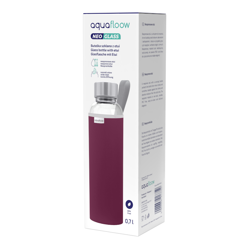 Szklana butelka na wodę w burgundowym, neoprenowym etui AquaFloow 700 ml Szklana butelka na wodę w burgundowym, neoprenowym etui AquaFloow 700 ml