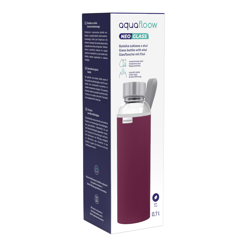 Szklana butelka na wodę w burgundowym, neoprenowym etui AquaFloow 700 ml Szklana butelka na wodę w burgundowym, neoprenowym etui AquaFloow 700 ml