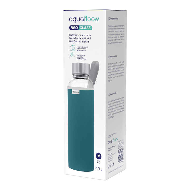 Szklana butelka na wodę w ciemnoniebieskim, neoprenowym etui AquaFloow 700 ml Szklana butelka na wodę w ciemnoniebieskim, neoprenowym etui AquaFloow 700 ml