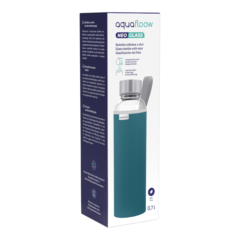 Szklana butelka na wodę w ciemnoniebieskim, neoprenowym etui AquaFloow 700 ml Szklana butelka na wodę w ciemnoniebieskim, neoprenowym etui AquaFloow 700 ml