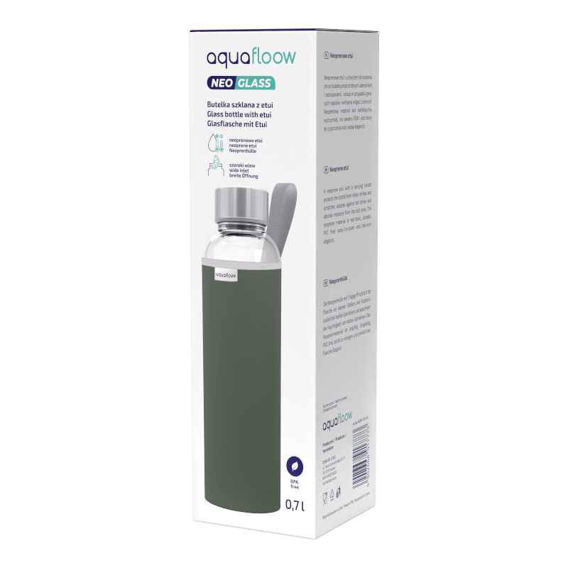 Szklana butelka na wodę w zielonym, neoprenowym etui AquaFloow 700 ml Szklana butelka na wodę w zielonym, neoprenowym etui AquaFloow 700 ml