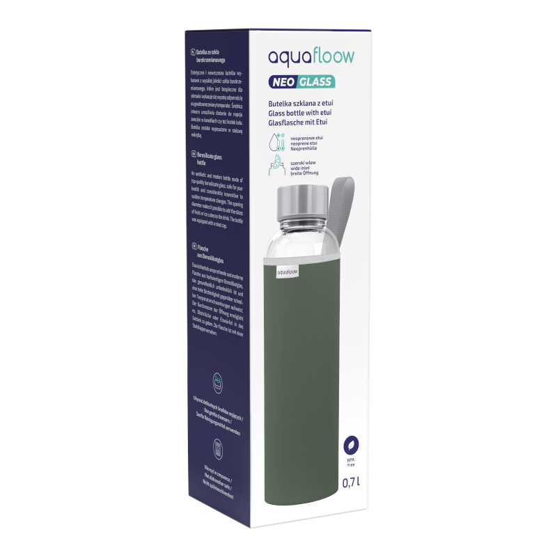Szklana butelka na wodę w zielonym, neoprenowym etui AquaFloow 700 ml Szklana butelka na wodę w zielonym, neoprenowym etui AquaFloow 700 ml