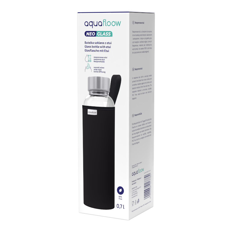 Szklana butelka na wodę w czarnym, neoprenowym etui AquaFloow 700 ml Szklana butelka na wodę w czarnym, neoprenowym etui AquaFloow 700 ml