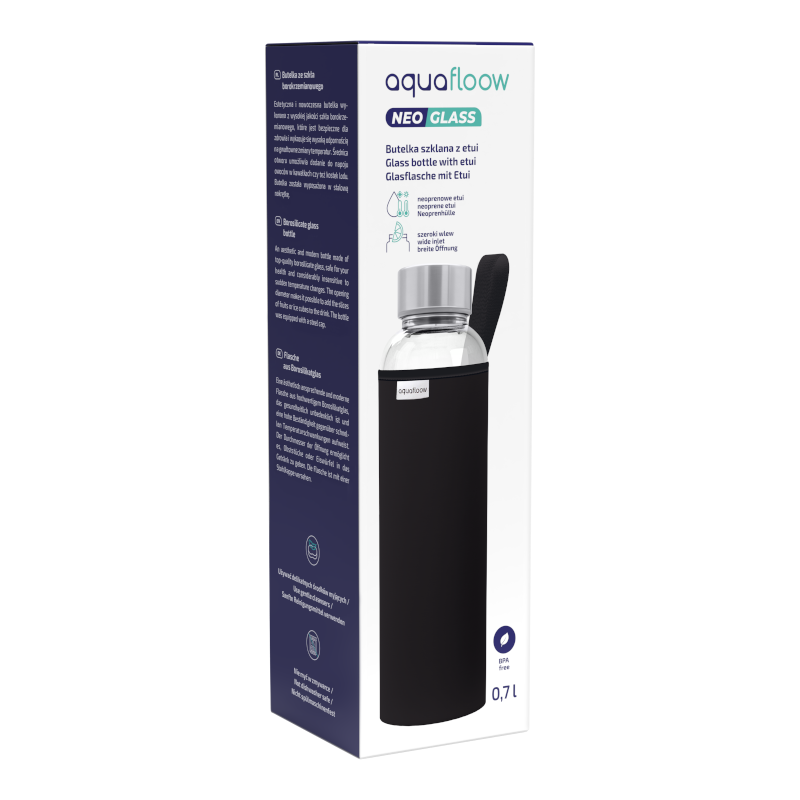 Szklana butelka na wodę w czarnym, neoprenowym etui AquaFloow 700 ml Szklana butelka na wodę w czarnym, neoprenowym etui AquaFloow 700 ml