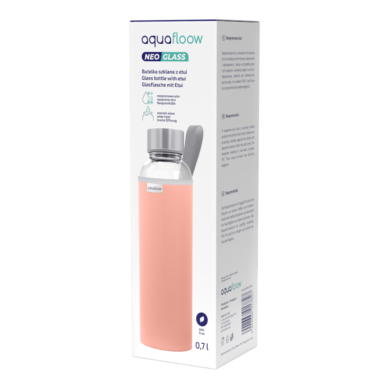 Szklana butelka na wodę w różowym, neoprenowym etui AquaFloow 700 ml Szklana butelka na wodę w różowym, neoprenowym etui AquaFloow 700 ml