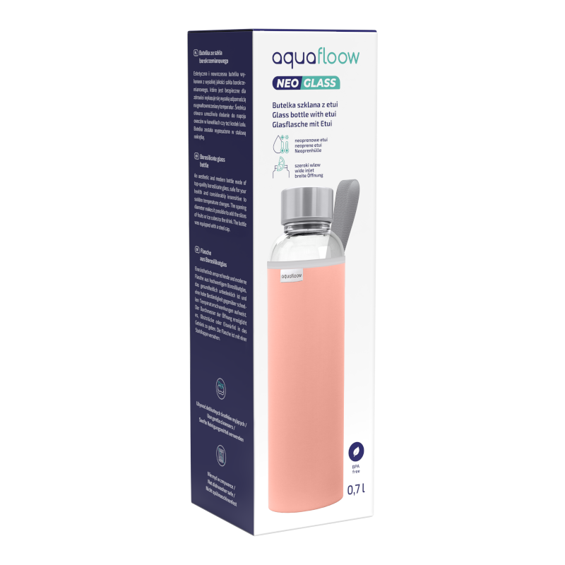 Szklana butelka na wodę w różowym, neoprenowym etui AquaFloow 700 ml Szklana butelka na wodę w różowym, neoprenowym etui AquaFloow 700 ml