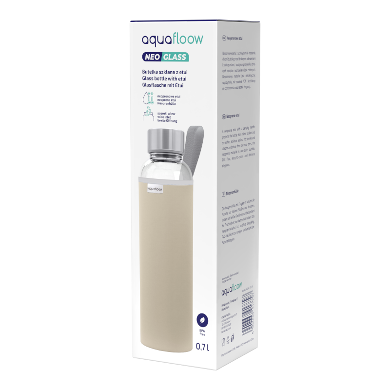 Szklana butelka na wodę w beżowym, neoprenowym etui AquaFloow 700 ml Szklana butelka na wodę w beżowym, neoprenowym etui AquaFloow 700 ml