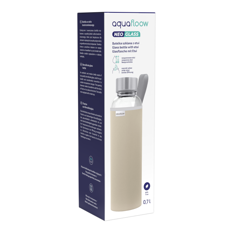 Szklana butelka na wodę w beżowym, neoprenowym etui AquaFloow 700 ml Szklana butelka na wodę w beżowym, neoprenowym etui AquaFloow 700 ml