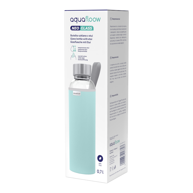 Szklana butelka na wodę w jasnoniebieskim, neoprenowym etui AquaFloow 700 ml Szklana butelka na wodę w jasnoniebieskim, neoprenowym etui AquaFloow 700 ml