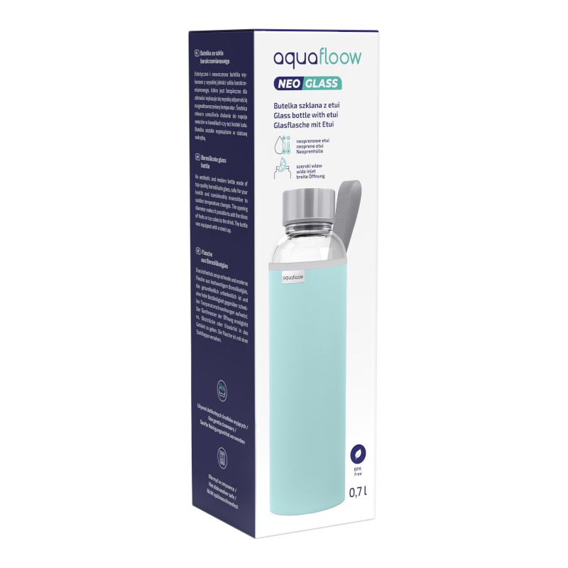 Szklana butelka na wodę w jasnoniebieskim, neoprenowym etui AquaFloow 700 ml Szklana butelka na wodę w jasnoniebieskim, neoprenowym etui AquaFloow 700 ml