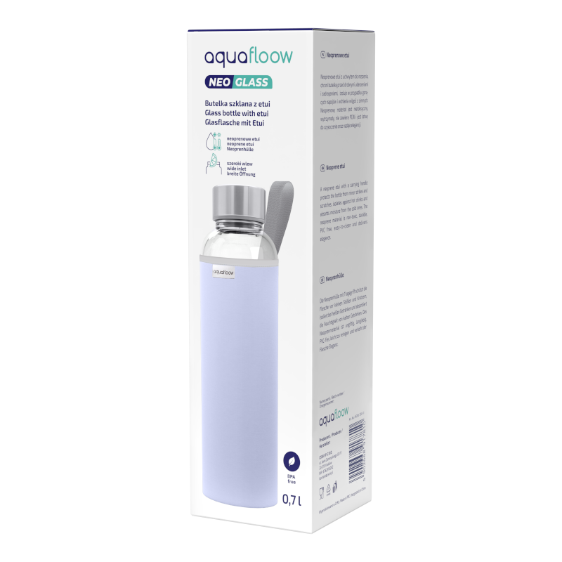 Szklana butelka na wodę w fioletowym, neoprenowym etui AquaFloow 700 ml Szklana butelka na wodę w fioletowym, neoprenowym etui AquaFloow 700 ml