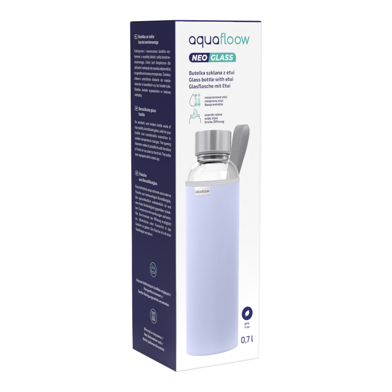 Szklana butelka na wodę w fioletowym, neoprenowym etui AquaFloow 700 ml Szklana butelka na wodę w fioletowym, neoprenowym etui AquaFloow 700 ml