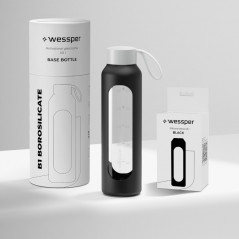 Szklana butelka na wodę 0,5 l Wessper B1 borosilicate Black – szczelna, bez BPA, z miarką