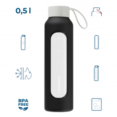 Szklana butelka na wodę 0,5 l Wessper B1 borosilicate Black – szczelna, bez BPA, z miarką