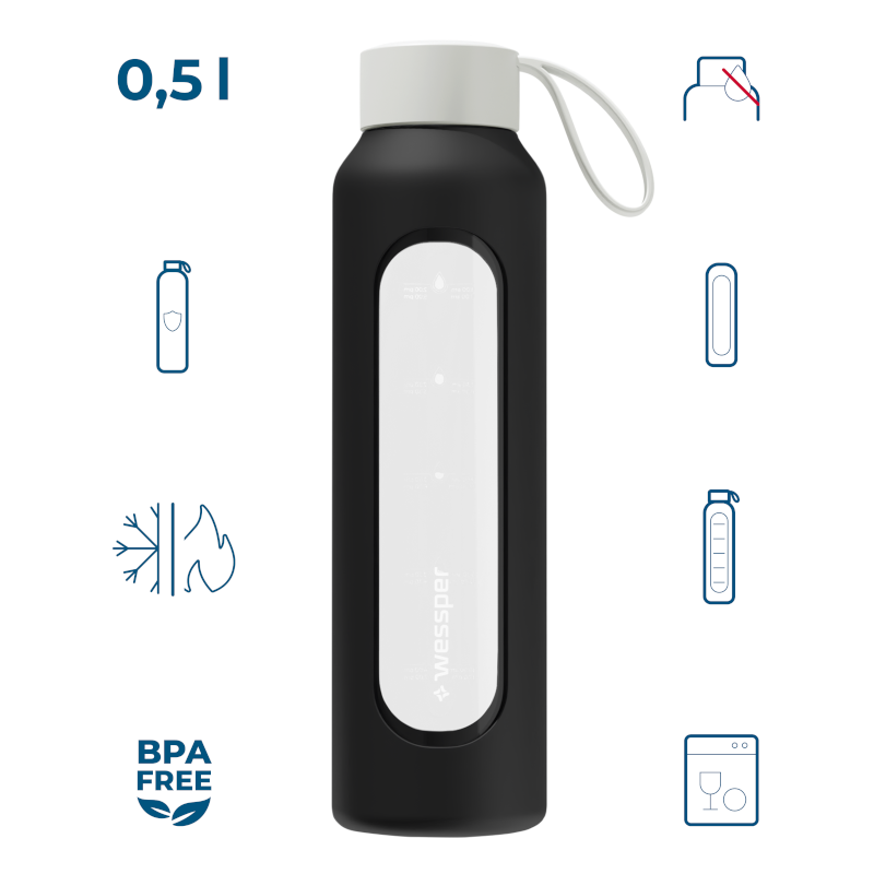 Szklana butelka na wodę 0,5 l Wessper B1 Borosilicate w zestawie z etui silikonowym Black – szczelna, bez BPA, z miarką Szklana butelka na wodę 0,5 l Wessper B1 Borosilicate w zestawie z etui silikonowym Black – szczelna, bez BPA, z miarką