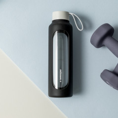 Szklana butelka na wodę 0,5 l Wessper B1 borosilicate Black – szczelna, bez BPA, z miarką