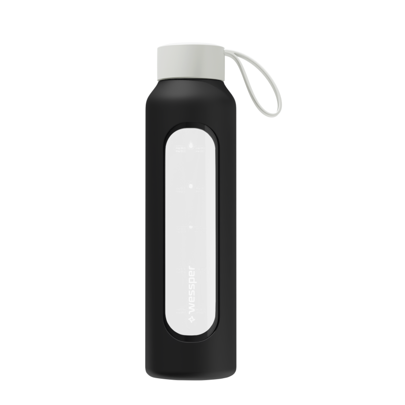 Szklana butelka na wodę 0,5 l Wessper B1 borosilicate Black – szczelna, bez BPA, z miarką