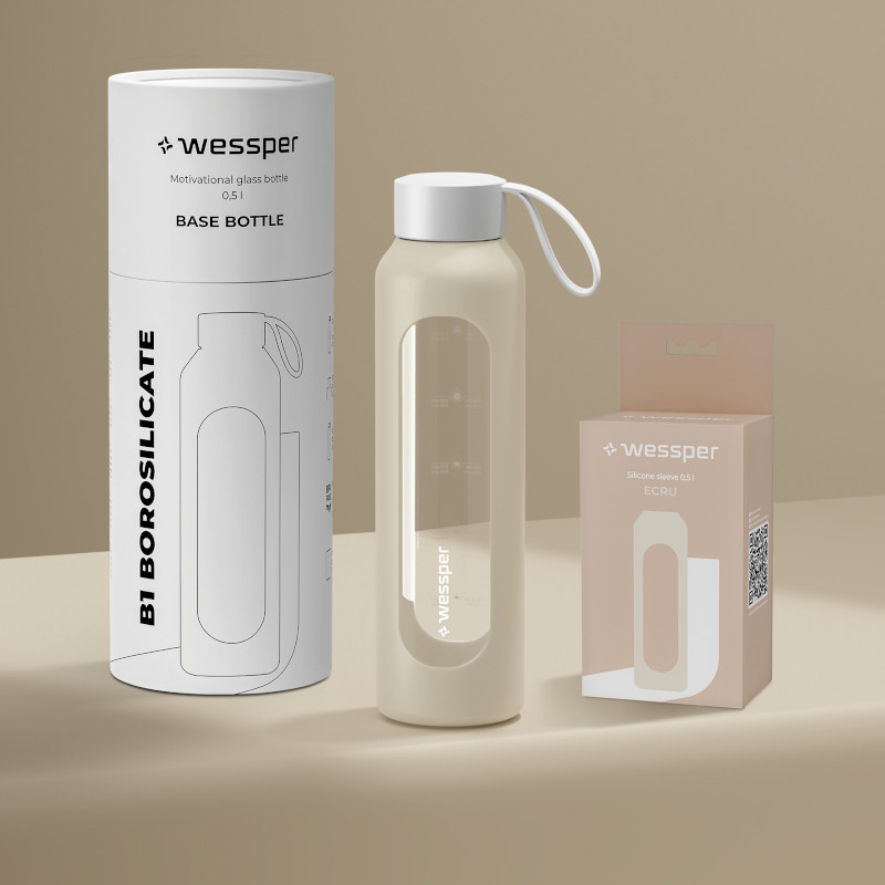 Szklana butelka na wodę 0,5 l Wessper B1 Borosilicate w zestawie z etui silikonowym Ecru – szczelna, bez BPA, z miarką Szklana butelka na wodę 0,5 l Wessper B1 Borosilicate w zestawie z etui silikonowym Ecru – szczelna, bez BPA, z miarką