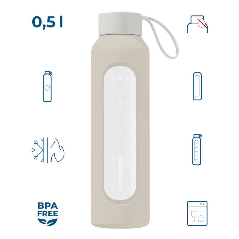 Szklana butelka na wodę 0,5 l Wessper B1 Borosilicate w zestawie z etui silikonowym Ecru – szczelna, bez BPA, z miarką Szklana butelka na wodę 0,5 l Wessper B1 Borosilicate w zestawie z etui silikonowym Ecru – szczelna, bez BPA, z miarką