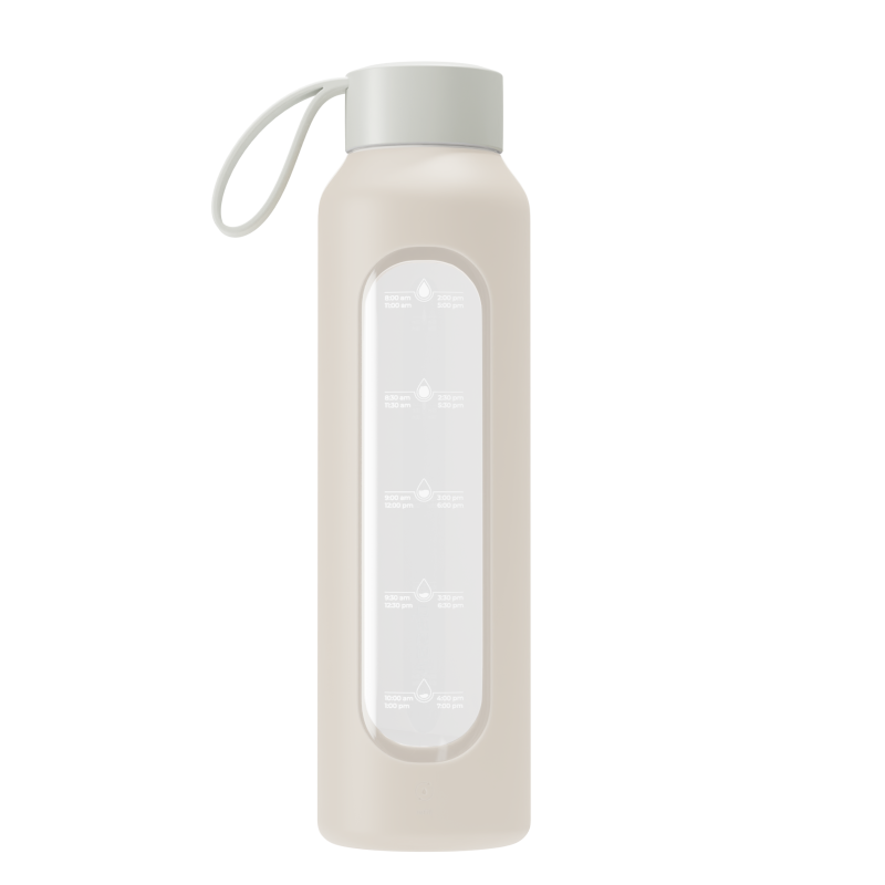 Szklana butelka na wodę 0,5 l Wessper B1 Borosilicate w zestawie z etui silikonowym Ecru – szczelna, bez BPA, z miarką