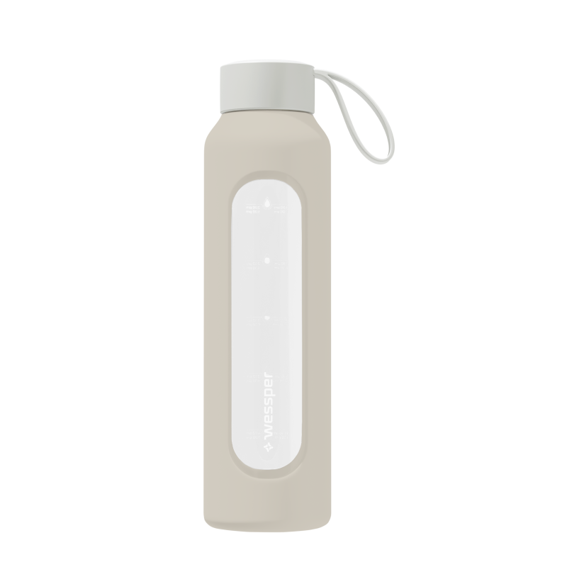 Szklana butelka na wodę 0,5 l Wessper B1 Borosilicate Ecru – szczelna, bez BPA, z miarką