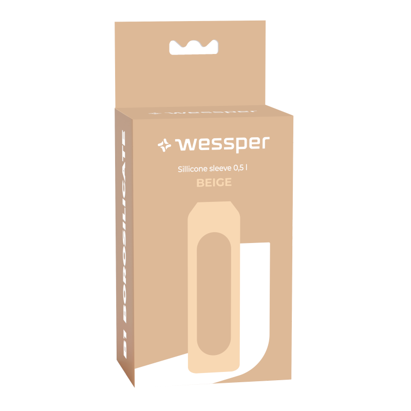 Szklana butelka na wodę 0,5 l Wessper B1 Borosilicate w zestawie z etui silikonowym Beige – szczelna, bez BPA, z miarką Szklana butelka na wodę 0,5 l Wessper B1 Borosilicate w zestawie z etui silikonowym Beige – szczelna, bez BPA, z miarką