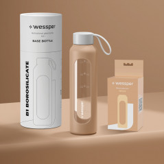 Szklana butelka na wodę 0,5 l Wessper B1 Borosilicate Beige – szczelna, bez BPA, z miarką