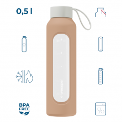 Szklana butelka na wodę 0,5 l Wessper B1 Borosilicate Beige – szczelna, bez BPA, z miarką