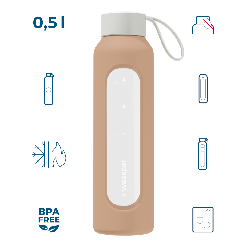 Szklana butelka na wodę 0,5 l Wessper B1 Borosilicate w zestawie z etui silikonowym Beige – szczelna, bez BPA, z miarką Szklana butelka na wodę 0,5 l Wessper B1 Borosilicate w zestawie z etui silikonowym Beige – szczelna, bez BPA, z miarką