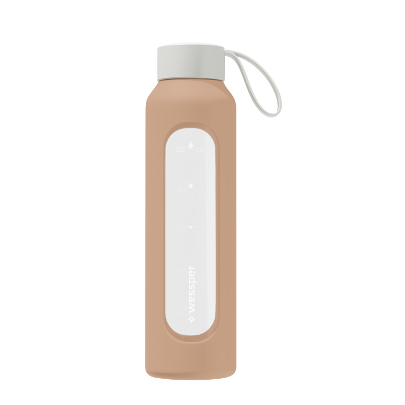 Szklana butelka na wodę 0,5 l Wessper B1 Borosilicate Beige – szczelna, bez BPA, z miarką